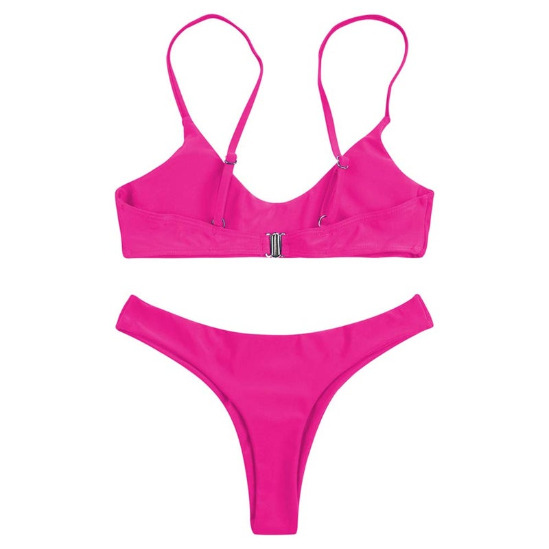 SherryDC Women's Solid Scoop Neck Push up Padded Brazilian Thong Bikini Swimsuit Rosered,M - Image 3